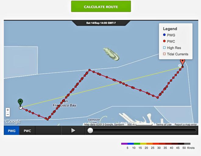 Downwind course projection September 14, 2013 - faint purple line is for Race 8, Red dotted line is for Race 9 © PredictWind.com www.predictwind.com